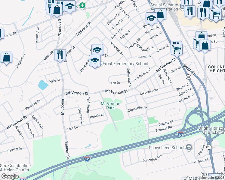map of restaurants, bars, coffee shops, grocery stores, and more near 219 Mount Vernon Street in Lawrence