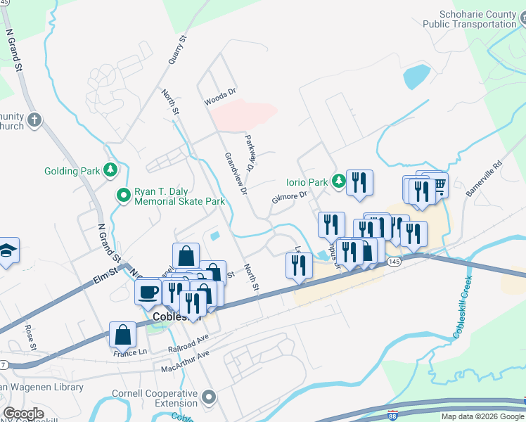 map of restaurants, bars, coffee shops, grocery stores, and more near 112 Grandview Drive in Cobleskill