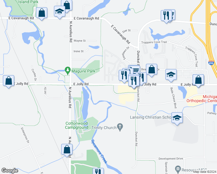 map of restaurants, bars, coffee shops, grocery stores, and more near 2500 East Jolly Road in Lansing