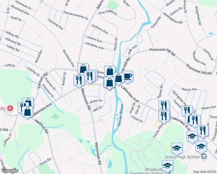 map of restaurants, bars, coffee shops, grocery stores, and more near 101 Mill Street in Dracut