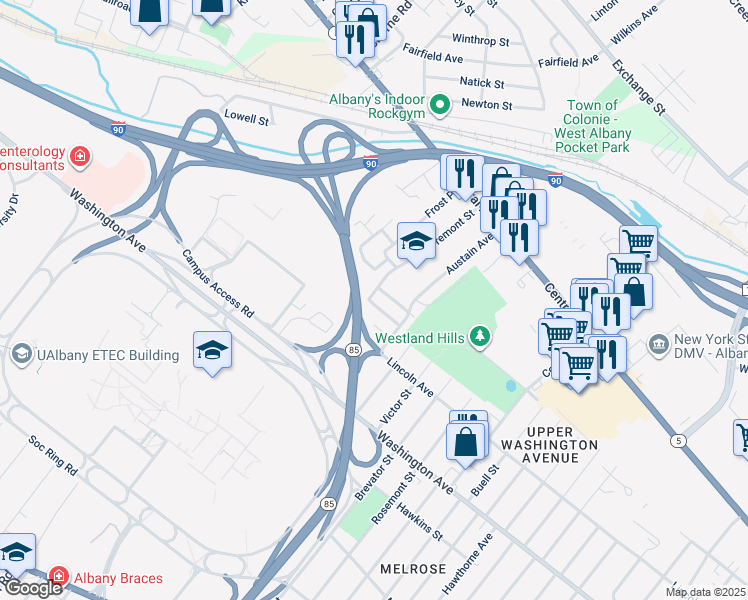 map of restaurants, bars, coffee shops, grocery stores, and more near 30 Lyric Avenue in Albany