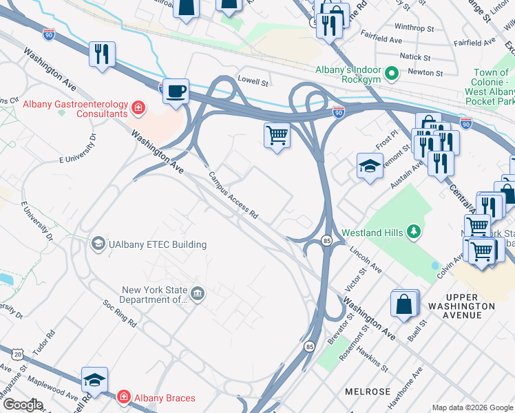 map of restaurants, bars, coffee shops, grocery stores, and more near 255 Patroon Creek Boulevard in Albany