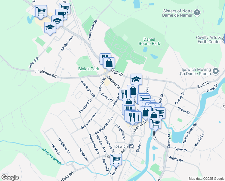 map of restaurants, bars, coffee shops, grocery stores, and more near 100 Central Street in Ipswich