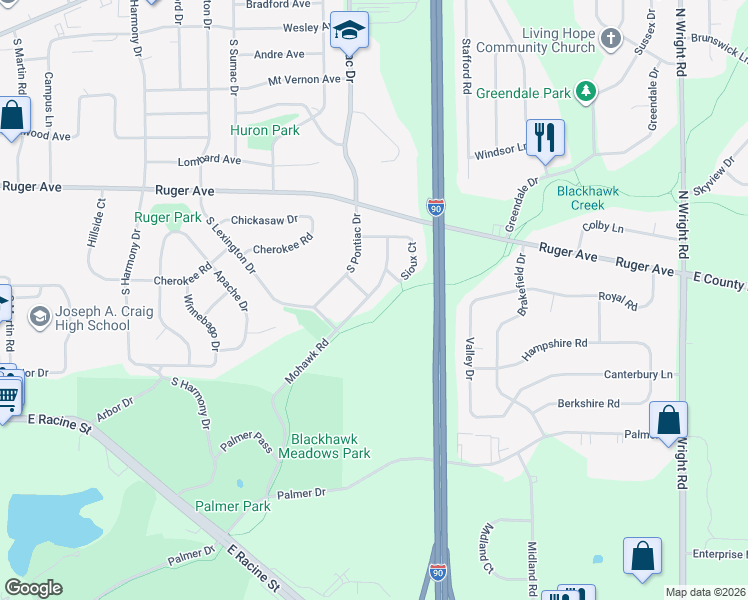 map of restaurants, bars, coffee shops, grocery stores, and more near 263 Mohawk Road in Janesville