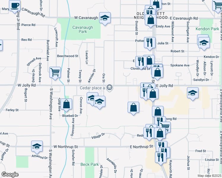 map of restaurants, bars, coffee shops, grocery stores, and more near 201 West Jolly Road in Lansing
