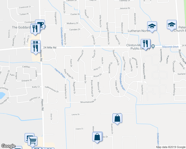 map of restaurants, bars, coffee shops, grocery stores, and more near 15947 Acorn Drive in Macomb