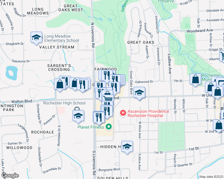 map of restaurants, bars, coffee shops, grocery stores, and more near 1234 Walton Boulevard in Rochester Hills