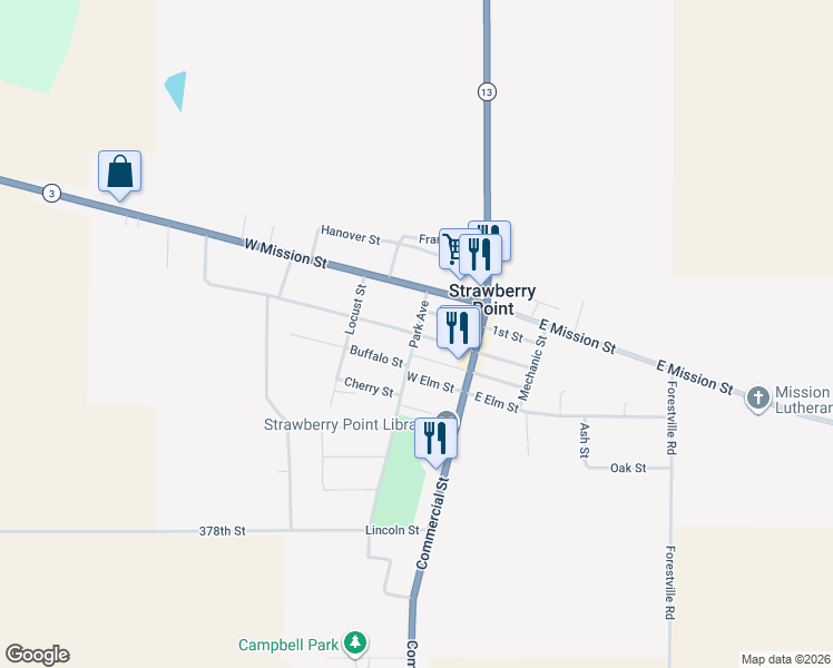 map of restaurants, bars, coffee shops, grocery stores, and more near 200 West Spring Street in Strawberry Point