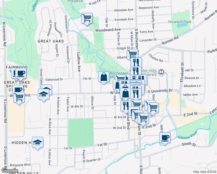 map of restaurants, bars, coffee shops, grocery stores, and more near 432 West University Drive in Rochester