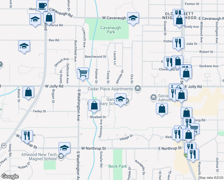 map of restaurants, bars, coffee shops, grocery stores, and more near 401 West Jolly Road in Lansing