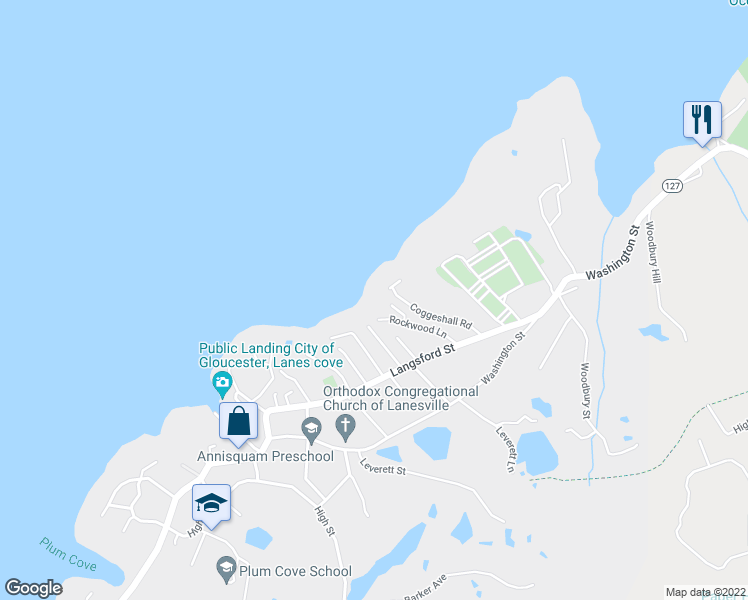 map of restaurants, bars, coffee shops, grocery stores, and more near 28 Rockwood Lane in Gloucester