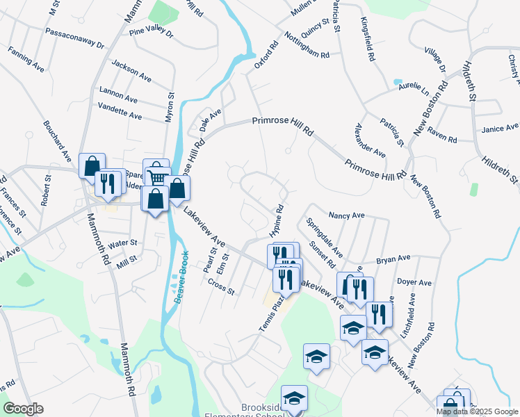 map of restaurants, bars, coffee shops, grocery stores, and more near 46 Lindsey Lane in Dracut