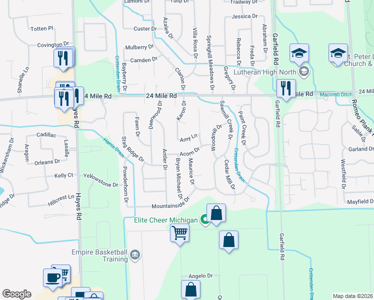 map of restaurants, bars, coffee shops, grocery stores, and more near 15947 Acorn Drive in Macomb