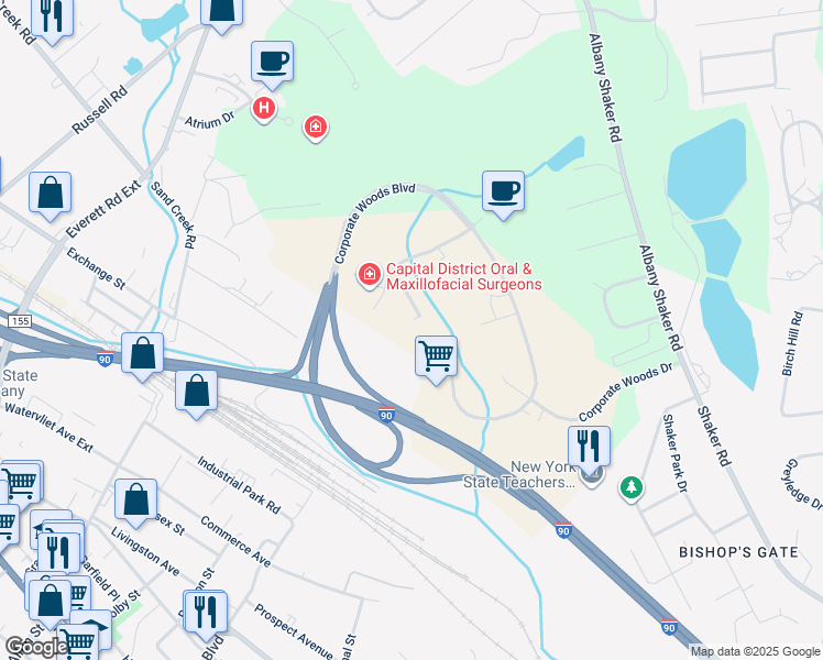 map of restaurants, bars, coffee shops, grocery stores, and more near 15A Corporate Woods Blvd in Albany