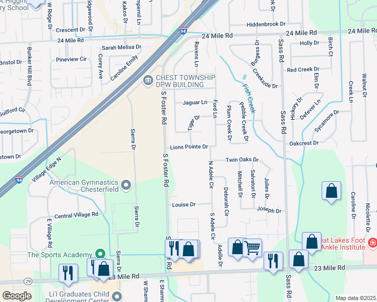 map of restaurants, bars, coffee shops, grocery stores, and more near 31133 Lions Pointe Drive in New Baltimore