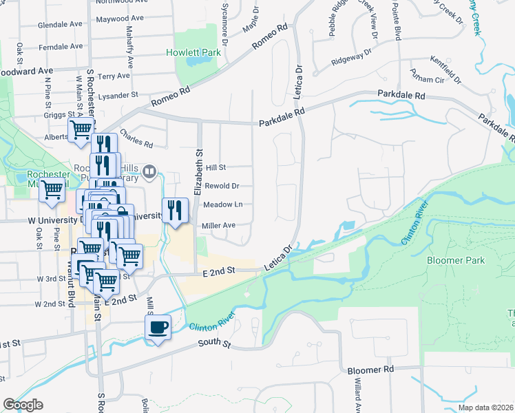 map of restaurants, bars, coffee shops, grocery stores, and more near 640 Meadow Lane in Rochester