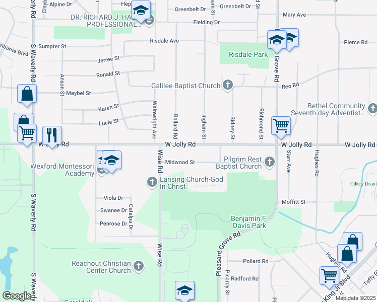 map of restaurants, bars, coffee shops, grocery stores, and more near 2905 West Jolly Road in Lansing