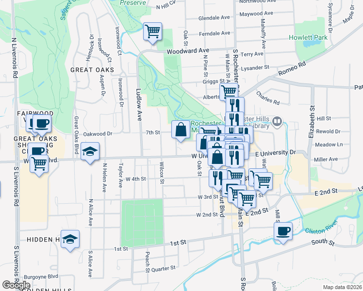 map of restaurants, bars, coffee shops, grocery stores, and more near 432 West University Drive in Rochester