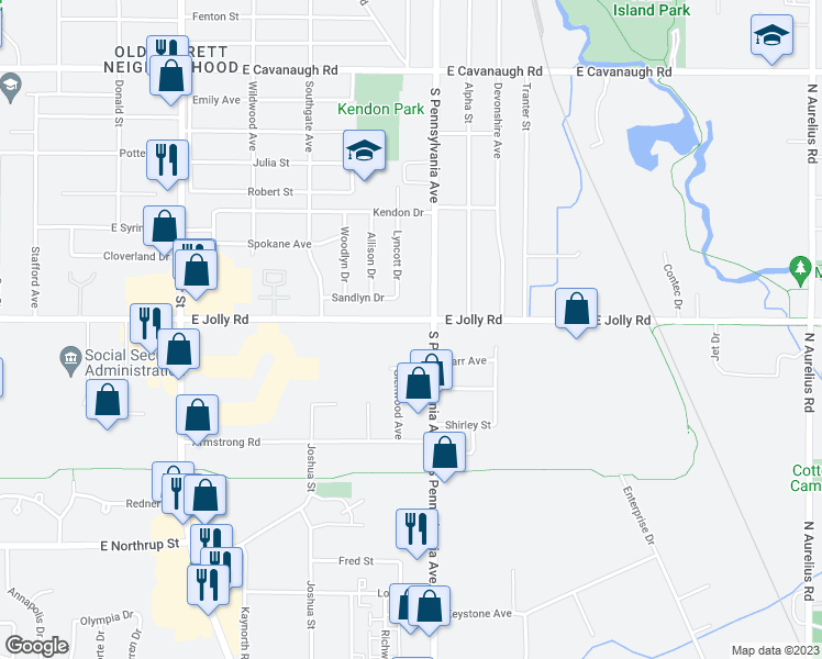 map of restaurants, bars, coffee shops, grocery stores, and more near 910 East Jolly Road in Lansing