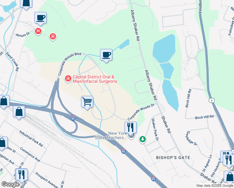 map of restaurants, bars, coffee shops, grocery stores, and more near 16 Corporate Woods Boulevard in Albany