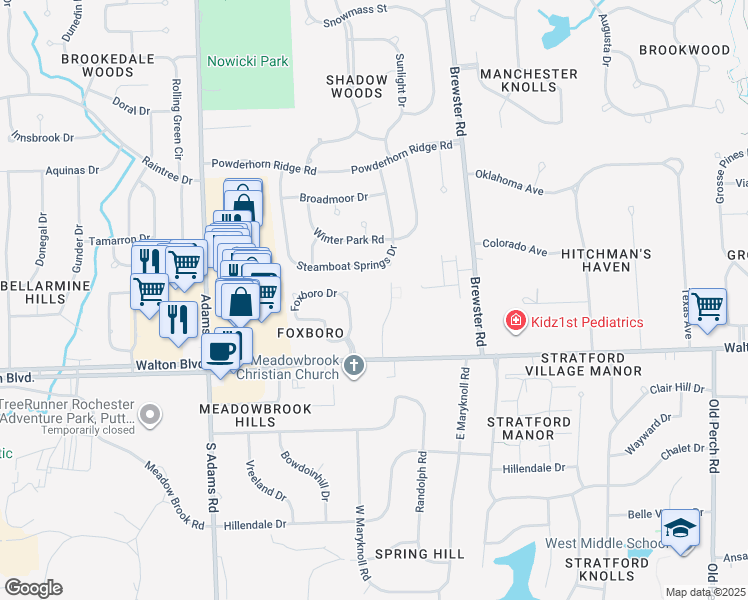 map of restaurants, bars, coffee shops, grocery stores, and more near 107 Roanoke Lane in Rochester Hills