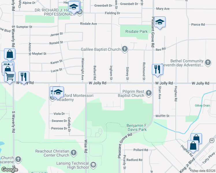map of restaurants, bars, coffee shops, grocery stores, and more near 2905 West Jolly Road in Lansing