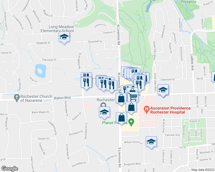map of restaurants, bars, coffee shops, grocery stores, and more near 1396 New Life Lane in Rochester Hills