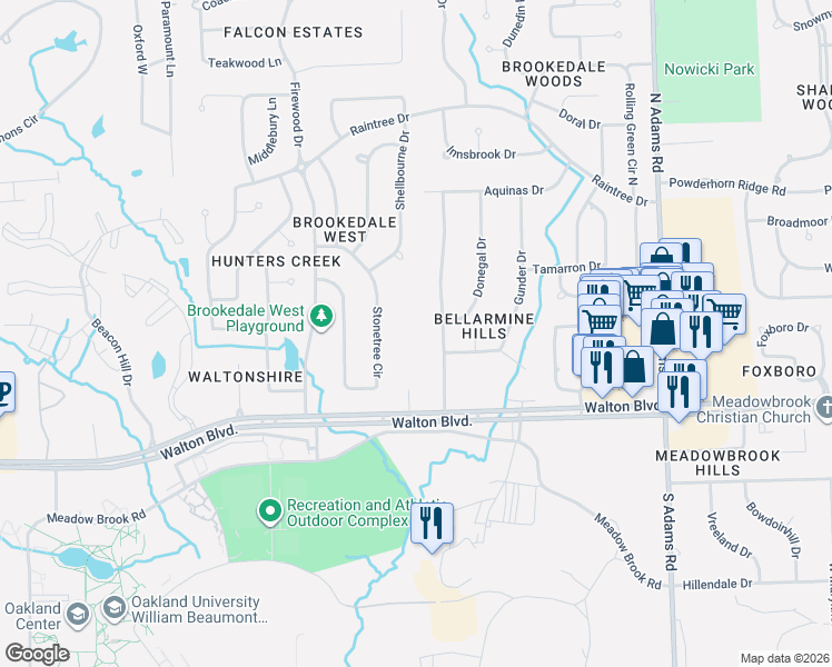 map of restaurants, bars, coffee shops, grocery stores, and more near 115 Bellarmine Drive in Rochester Hills