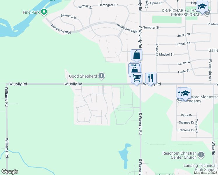 map of restaurants, bars, coffee shops, grocery stores, and more near 11746 West Jolly Road in Lansing