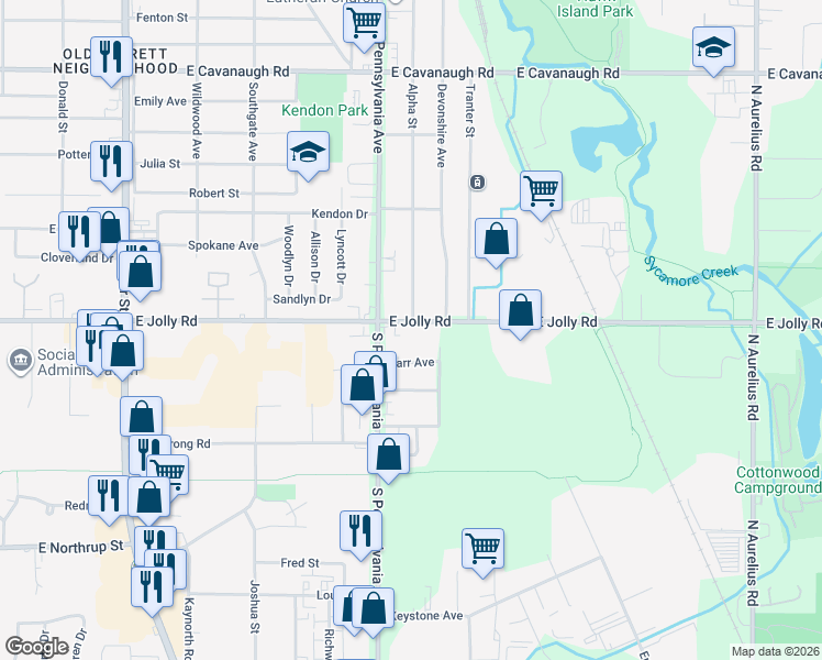 map of restaurants, bars, coffee shops, grocery stores, and more near 1020 East Jolly Road in Lansing