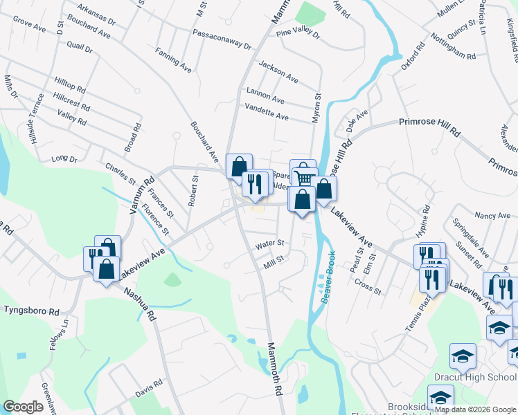 map of restaurants, bars, coffee shops, grocery stores, and more near 2000 Lakeview Avenue in Dracut