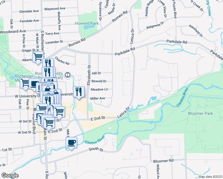 map of restaurants, bars, coffee shops, grocery stores, and more near 491 Miller Avenue in Rochester