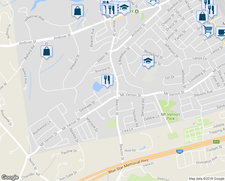 map of restaurants, bars, coffee shops, grocery stores, and more near 10 Court Street in Lawrence