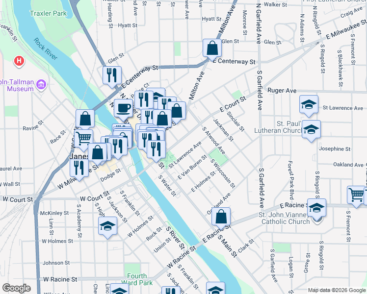 map of restaurants, bars, coffee shops, grocery stores, and more near 51 South Main Street in Janesville