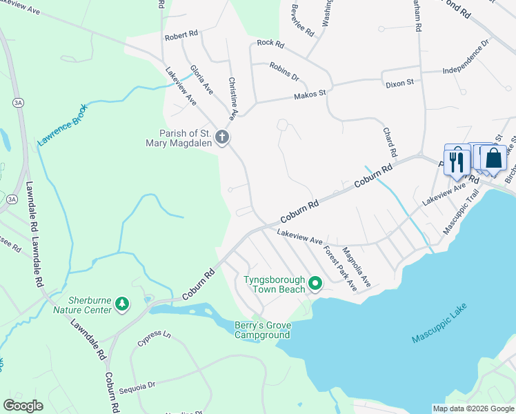 map of restaurants, bars, coffee shops, grocery stores, and more near 126 Lakeview Avenue in Tyngsborough