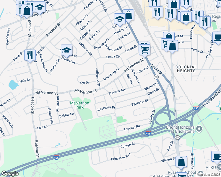 map of restaurants, bars, coffee shops, grocery stores, and more near 3 Carlson Road in Lawrence