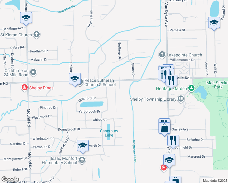 map of restaurants, bars, coffee shops, grocery stores, and more near 52813 Flower Court in Macomb County