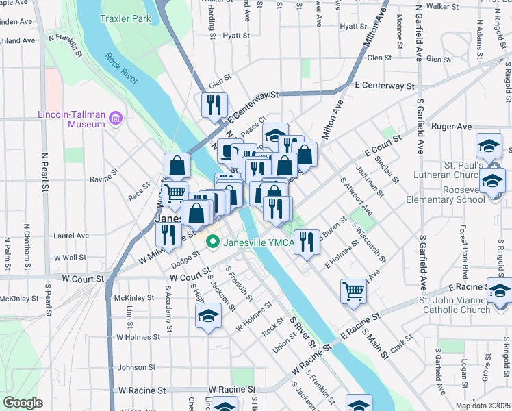 map of restaurants, bars, coffee shops, grocery stores, and more near 101 East Milwaukee Street in Janesville