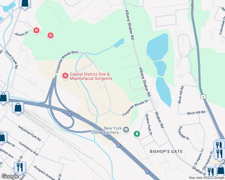 map of restaurants, bars, coffee shops, grocery stores, and more near 16 Corporate Woods Boulevard in Albany