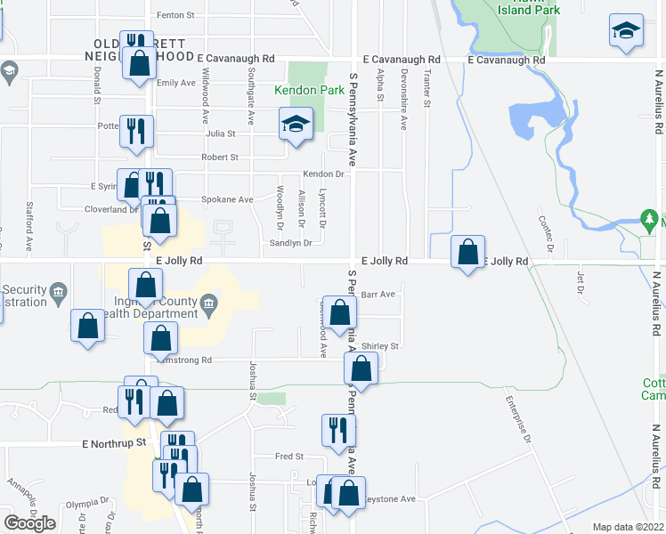 map of restaurants, bars, coffee shops, grocery stores, and more near 910 East Jolly Road in Lansing Charter Township