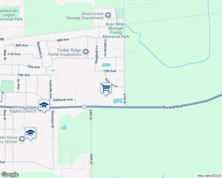 map of restaurants, bars, coffee shops, grocery stores, and more near 1446 Groves Lane in Union Grove