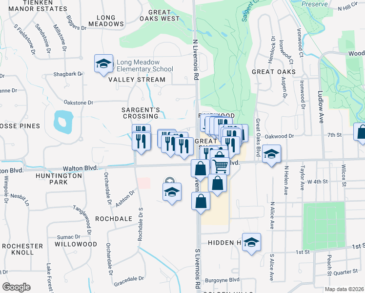map of restaurants, bars, coffee shops, grocery stores, and more near 1396 New Life Lane in Rochester Hills