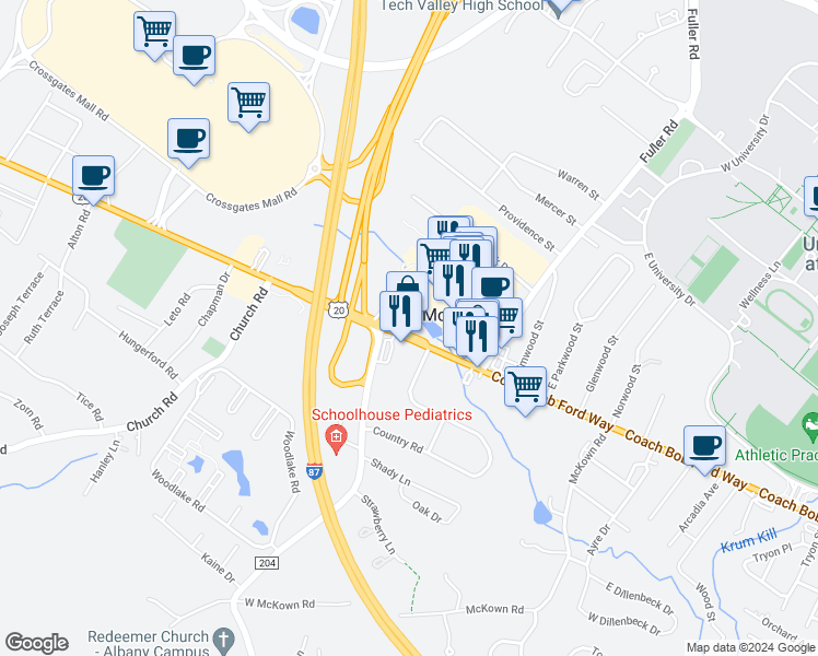 map of restaurants, bars, coffee shops, grocery stores, and more near 1525 Western Avenue in Albany