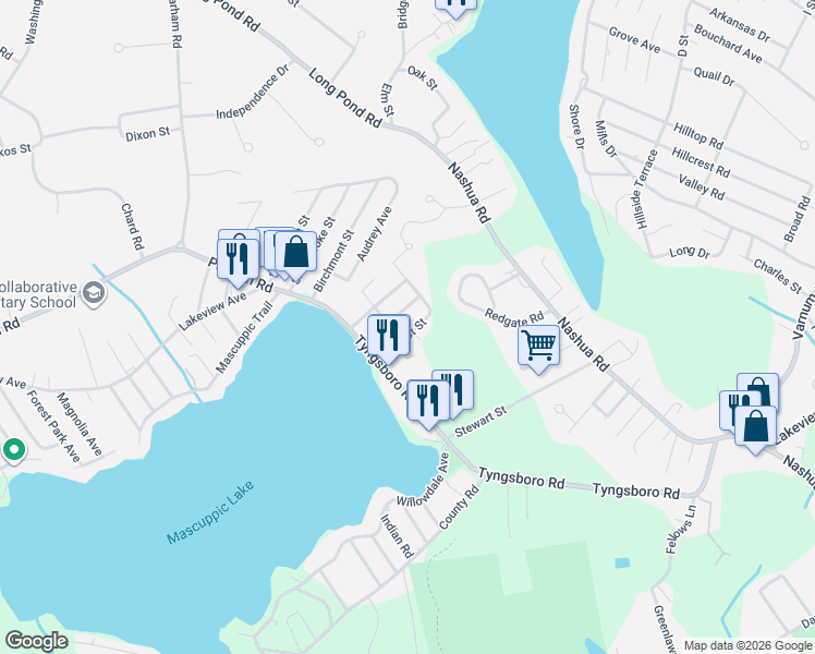 map of restaurants, bars, coffee shops, grocery stores, and more near 1 Poplar Street in Dracut