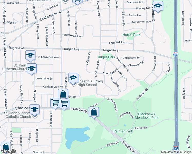 map of restaurants, bars, coffee shops, grocery stores, and more near 325 S Harmony Dr in Janesville