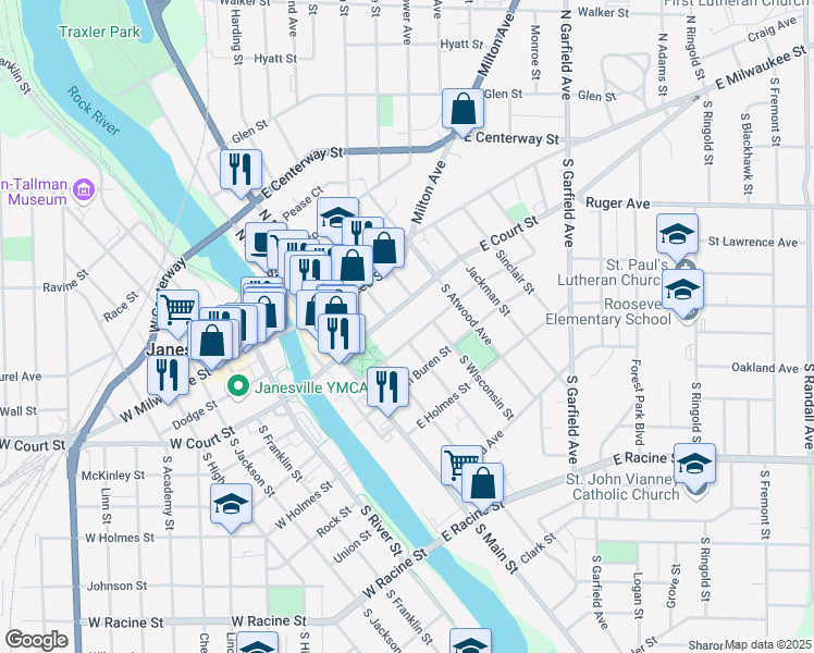 map of restaurants, bars, coffee shops, grocery stores, and more near in Janesville