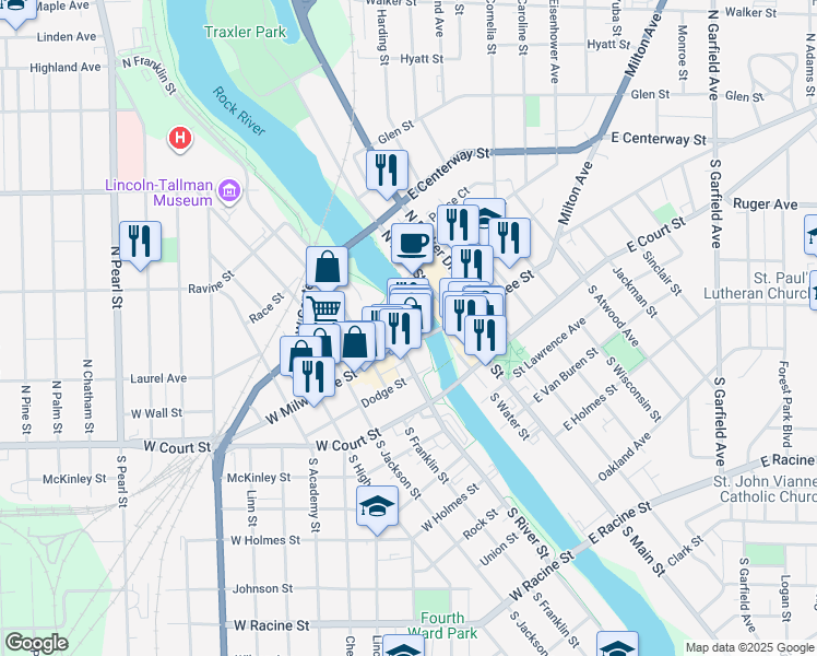 map of restaurants, bars, coffee shops, grocery stores, and more near 100 West Milwaukee Street in Janesville