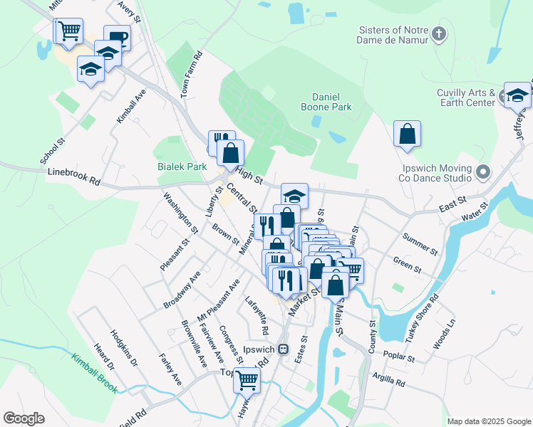 map of restaurants, bars, coffee shops, grocery stores, and more near 92 Central Street in Ipswich