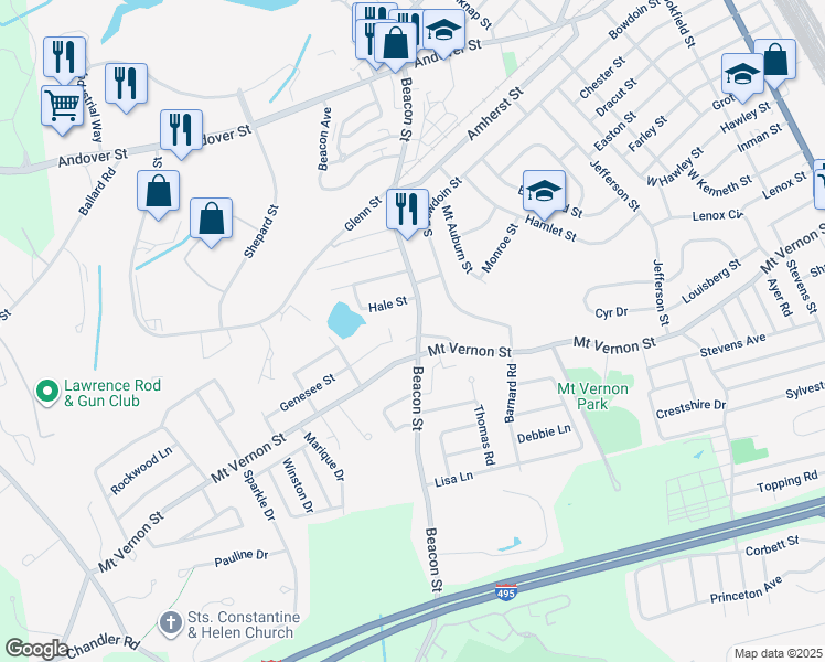 map of restaurants, bars, coffee shops, grocery stores, and more near 10 Court Street in Lawrence