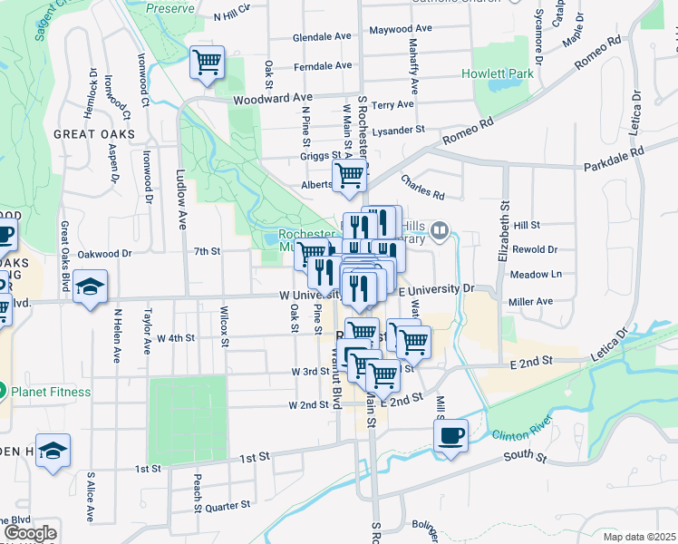 map of restaurants, bars, coffee shops, grocery stores, and more near 100 West University Drive in Rochester